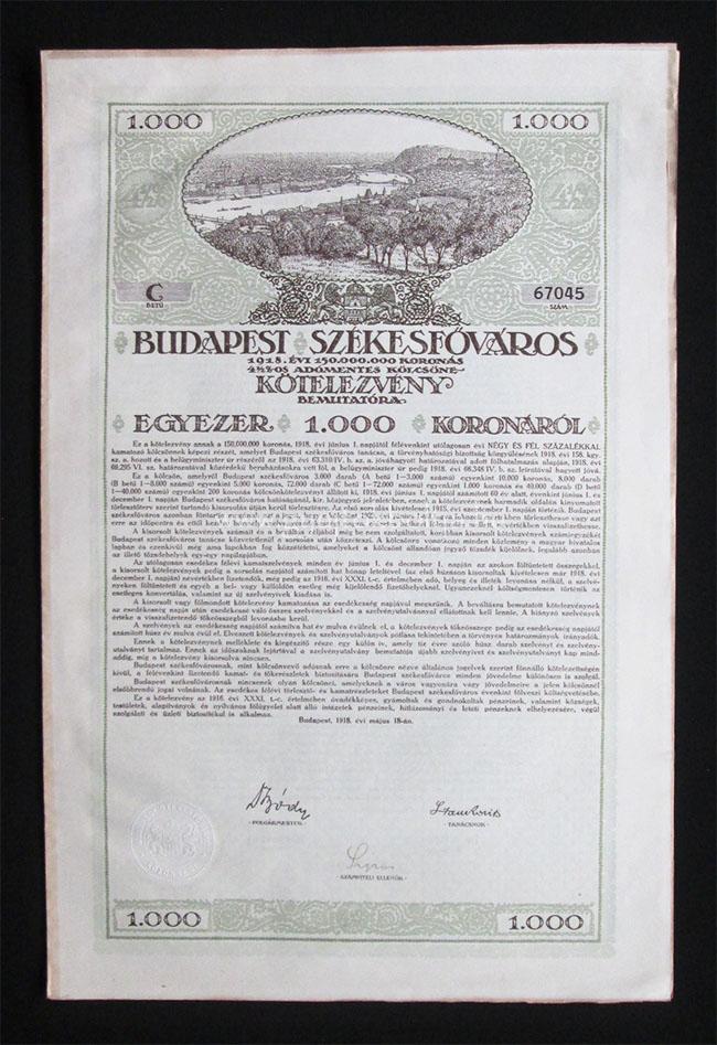 Budapest Székesfõváros kötelezvény 1000 korona 1918
